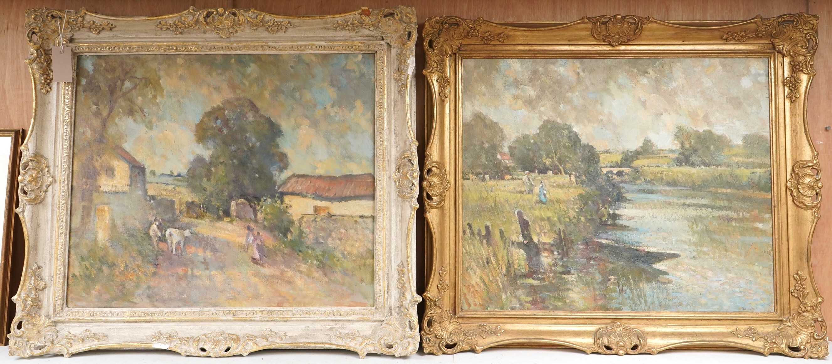 Attributed to John Brown Harrison (1876-1958), River scene with figures and rural landscape with cattle, each unsigned, two oils on canvas, ornately framed, 50 x 60cm